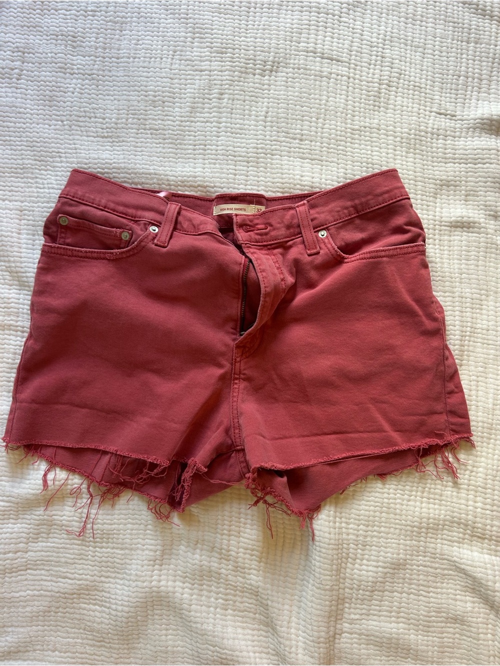 High-Rise Rose Red Frayed-Hem Denim Shorts